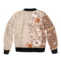 Pasifika Sataoa Pattern Plumeria Vintage Sleeve Zip Bomber Jacket Brown Beige Tan LT9 - Polynesian Pride