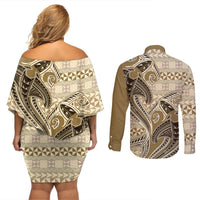 Vintage Hammerhead Shark Valentine Day Couples Matching Off Shoulder Short Dress and Long Sleeve Button Shirt Pasifika Sataoa Pattern - Beige Tan LT9 - Polynesian Pride