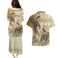 Vintage Hammerhead Shark Valentine Day Couples Matching Puletasi and Hawaiian Shirt Pasifika Sataoa Pattern - Beige Tan LT9 - Polynesian Pride