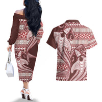 Vintage Hammerhead Shark Valentine Day Couples Matching Off The Shoulder Long Sleeve Dress and Hawaiian Shirt Pasifika Sataoa Pattern - Cherry LT9 - Polynesian Pride