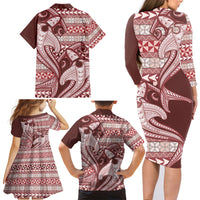 Vintage Hammerhead Shark Valentine Day Family Matching Long Sleeve Bodycon Dress and Hawaiian Shirt Pasifika Sataoa Pattern - Cherry LT9 - Polynesian Pride