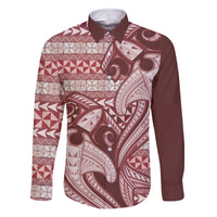 Vintage Hammerhead Shark Valentine Day Family Matching Long Sleeve Bodycon Dress and Hawaiian Shirt Pasifika Sataoa Pattern - Cherry LT9 Dad's Shirt - Long Sleeve Cherry - Polynesian Pride