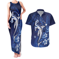 Personalized Hawaiian Maori Hammerhead Shark Couples Matching Tank Maxi Dress and Hawaiian Shirt Polu Plumeria LT9 Blue - Polynesian Pride