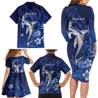 Personalized Hawaiian Maori Hammerhead Shark Family Matching Long Sleeve Bodycon Dress and Hawaiian Shirt Polu Plumeria