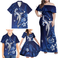 Personalized Hawaiian Maori Hammerhead Shark Family Matching Off Shoulder Maxi Dress and Hawaiian Shirt Polu Plumeria