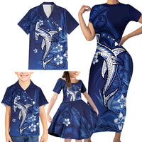 Personalized Hawaiian Maori Hammerhead Shark Family Matching Short Sleeve Bodycon Dress and Hawaiian Shirt Polu Plumeria