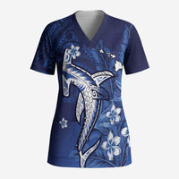 Personalized Hawaiian Maori Hammerhead Shark Scrub Top Polu Plumeria - Polynesian Pride