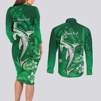 Personalized Hawaiian Maori Hammerhead Shark Couples Matching Long Sleeve Bodycon Dress and Long Sleeve Button Shirt Omaomao Plumeria - Polynesian Pride