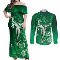 Personalized Hawaiian Maori Hammerhead Shark Couples Matching Off Shoulder Maxi Dress and Long Sleeve Button Shirt Omaomao Plumeria - Polynesian Pride
