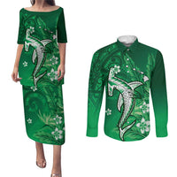 Personalized Hawaiian Maori Hammerhead Shark Couples Matching Puletasi and Long Sleeve Button Shirt Omaomao Plumeria - Polynesian Pride