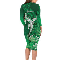 Personalized Hawaiian Maori Hammerhead Shark Long Sleeve Bodycon Dress Omaomao Plumeria - Polynesian Pride