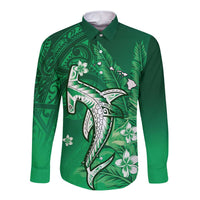 Personalized Hawaiian Maori Hammerhead Shark Long Sleeve Button Shirt Omaomao Plumeria - Polynesian Pride
