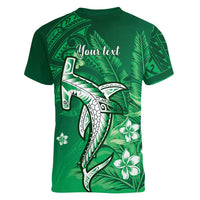 Personalized Hawaiian Maori Hammerhead Shark Women V-Neck T-Shirt Omaomao Plumeria - Polynesian Pride