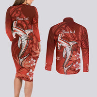 Personalized Hawaiian Maori Hammerhead Shark Couples Matching Long Sleeve Bodycon Dress and Long Sleeve Button Shirt Ulaula Plumeria - Polynesian Pride