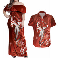 Personalized Hawaiian Maori Hammerhead Shark Couples Matching Off Shoulder Maxi Dress and Hawaiian Shirt Ulaula Plumeria - Polynesian Pride