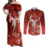 Personalized Hawaiian Maori Hammerhead Shark Couples Matching Off Shoulder Maxi Dress and Long Sleeve Button Shirt Ulaula Plumeria - Polynesian Pride