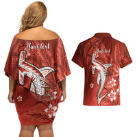 Personalized Hawaiian Maori Hammerhead Shark Couples Matching Off Shoulder Short Dress and Hawaiian Shirt Ulaula Plumeria - Polynesian Pride
