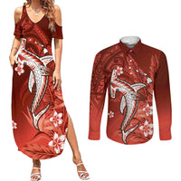 Personalized Hawaiian Maori Hammerhead Shark Couples Matching Summer Maxi Dress and Long Sleeve Button Shirt Ulaula Plumeria - Polynesian Pride