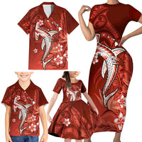 Personalized Hawaiian Maori Hammerhead Shark Family Matching Short Sleeve Bodycon Dress and Hawaiian Shirt Ulaula Plumeria