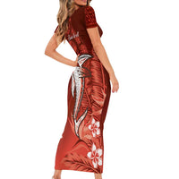 Personalized Hawaiian Maori Hammerhead Shark Short Sleeve Bodycon Dress Ulaula Plumeria - Polynesian Pride