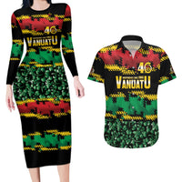 Vanuatu 46th Year Anniversary Couples Matching Long Sleeve Bodycon Dress and Hawaiian Shirt 30 July 1980 Hibiscus Seamless Pattern LT9 Black - Polynesian Pride