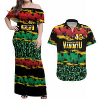 Vanuatu 46th Year Anniversary Couples Matching Off Shoulder Maxi Dress and Hawaiian Shirt 30 July 1980 Hibiscus Seamless Pattern LT9 Black - Polynesian Pride