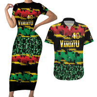 Vanuatu 46th Year Anniversary Couples Matching Short Sleeve Bodycon Dress and Hawaiian Shirt 30 July 1980 Hibiscus Seamless Pattern LT9 Black - Polynesian Pride