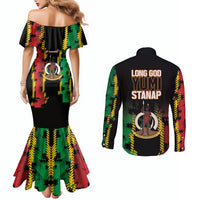 Vanuatu 46th Year Anniversary Couples Matching Mermaid Dress and Long Sleeve Button Shirt Tamtam Slit Drums Long God Yumi Stanap LT9 - Polynesian Pride