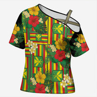 Hawaii Kanaka Maoli Hibiscus Cross Shoulder Shirt Hawaiian Flag Motif LT9 Female Green - Polynesian Pride