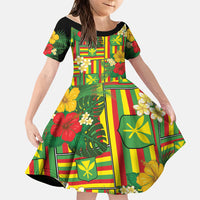 Hawaii Kanaka Maoli Hibiscus Family Matching Off Shoulder Short Dress and Hawaiian Shirt Hawaiian Flag Motif LT9 Daughter's Dress Green - Polynesian Pride
