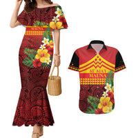 Hawaii Ku Kia'i Mauna Personalized Couples Matching Mermaid Dress and Hawaiian Shirt Hibiscus Kakau Pattern LT9 Red - Polynesian Pride