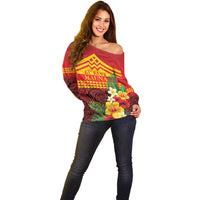 Hawaii Ku Kia'i Mauna Personalized Off Shoulder Sweater Hibiscus Kakau Pattern