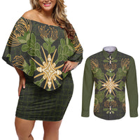 Hawaii Ohia Lehua Squares Couples Matching Off Shoulder Short Dress and Long Sleeve Button Shirt Hawaiian Quilt Inspired Floral Pattern LT9 Green - Polynesian Pride