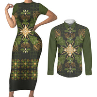 Hawaii Ohia Lehua Squares Couples Matching Short Sleeve Bodycon Dress and Long Sleeve Button Shirt Hawaiian Quilt Inspired Floral Pattern LT9 Green - Polynesian Pride
