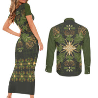 Hawaii Ohia Lehua Squares Couples Matching Short Sleeve Bodycon Dress and Long Sleeve Button Shirt Hawaiian Quilt Inspired Floral Pattern LT9 - Polynesian Pride