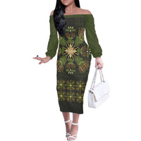 Hawaii Ohia Lehua Squares Family Matching Off The Shoulder Long Sleeve Dress and Hawaiian Shirt Hawaiian Quilt Inspired Floral Pattern LT9 Mom's Dress Green - Polynesian Pride