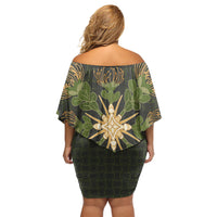 Hawaii Ohia Lehua Squares Off Shoulder Short Dress Hawaiian Quilt Inspired Floral Pattern