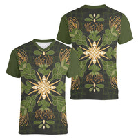 Hawaii Ohia Lehua Squares Women V-Neck T-Shirt Hawaiian Quilt Inspired Floral Pattern LT9 - Polynesian Pride
