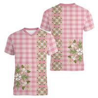 Akala Hamele Hawai'i Palaka Squares Maile Leaf Women V-Neck T-Shirt Flowers Hawaiian Quilt Patterns