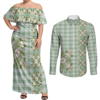 Liko Kukui Hawai'i Palaka Squares Maile Leaf Couples Matching Off Shoulder Maxi Dress and Long Sleeve Button Shirt Flowers Hawaiian Quilt Patterns