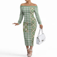 Liko Kukui Hawai'i Palaka Squares Maile Leaf Off The Shoulder Long Sleeve Dress Flowers Hawaiian Quilt Patterns