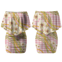 Akala Hamele Palaka Plumeria Couples Matching Off Shoulder Short Dress and Hawaiian Shirt Puakenikeni and Maile Lei