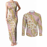 Akala Hamele Palaka Plumeria Couples Matching Tank Maxi Dress and Long Sleeve Button Shirt Puakenikeni and Maile Lei