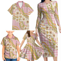 Akala Hamele Palaka Plumeria Family Matching Long Sleeve Bodycon Dress and Hawaiian Shirt Puakenikeni and Maile Lei