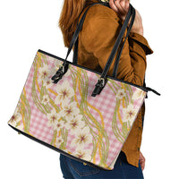 Akala Hamele Palaka Plumeria Leather Tote Bag Puakenikeni and Maile Lei