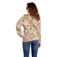 Akala Hamele Palaka Plumeria Off Shoulder Sweater Puakenikeni and Maile Lei