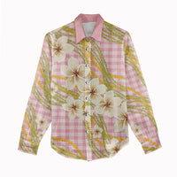 Akala Hamele Palaka Plumeria Women Casual Shirt Puakenikeni and Maile Lei