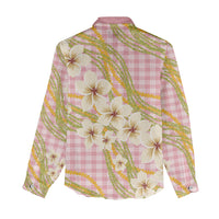 Akala Hamele Palaka Plumeria Women Casual Shirt Puakenikeni and Maile Lei