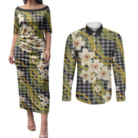 Ele'ele Hawai'i Palaka Plumeria Couples Matching Puletasi and Long Sleeve Button Shirt Puakenikeni and Maile Lei