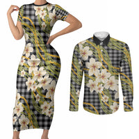 Ele'ele Hawai'i Palaka Plumeria Couples Matching Short Sleeve Bodycon Dress and Long Sleeve Button Shirt Puakenikeni and Maile Lei
